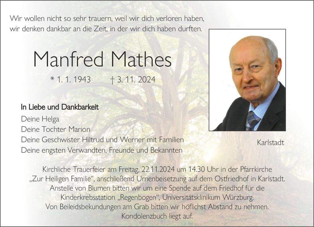 Traueranzeige f&uuml;r Manfred Mathes mit Portr&auml;t und Informationen zur Trauerfeier. Baumlandschaft im Hintergrund.