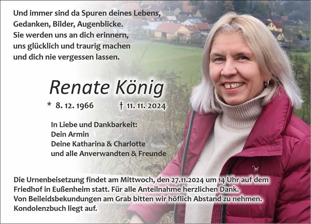 Erinnerungskarte f&uuml;r Renate K&ouml;nig mit pers&ouml;nlichen Daten und Trauerspruch, umgeben von einer l&auml;ndlichen Landschaft.