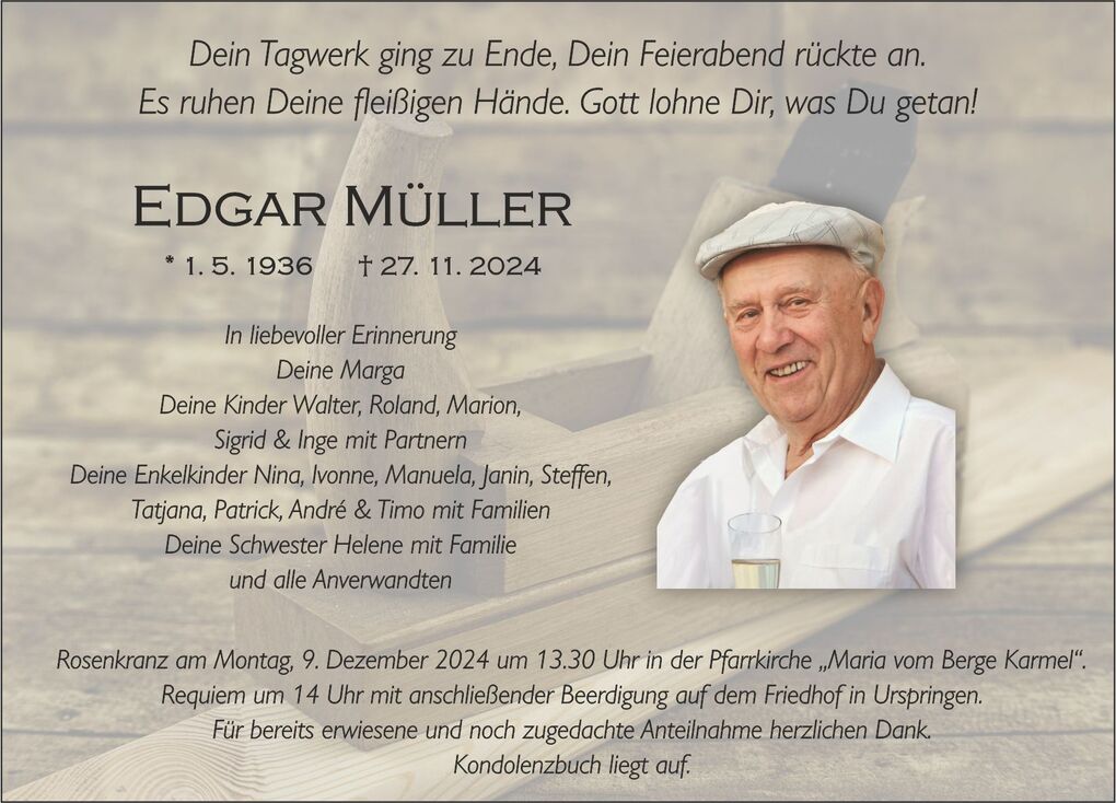 Traueranzeige f&uuml;r Edgar M&uuml;ller mit pers&ouml;nlichen Erinnerungen und Terminen zur Beerdigung, umrahmt von einem warmen Hintergrund.
