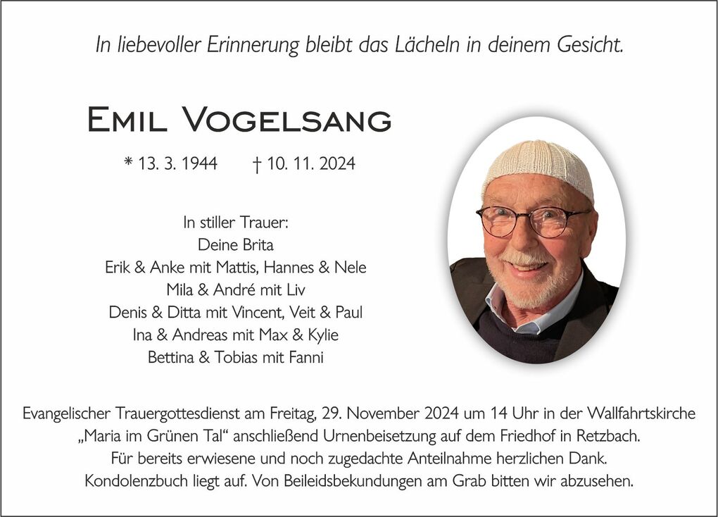 Traueranzeige f&uuml;r Emil Vogelsang mit Foto und Informationen zu Trauerfeier und Angeh&ouml;rigen.