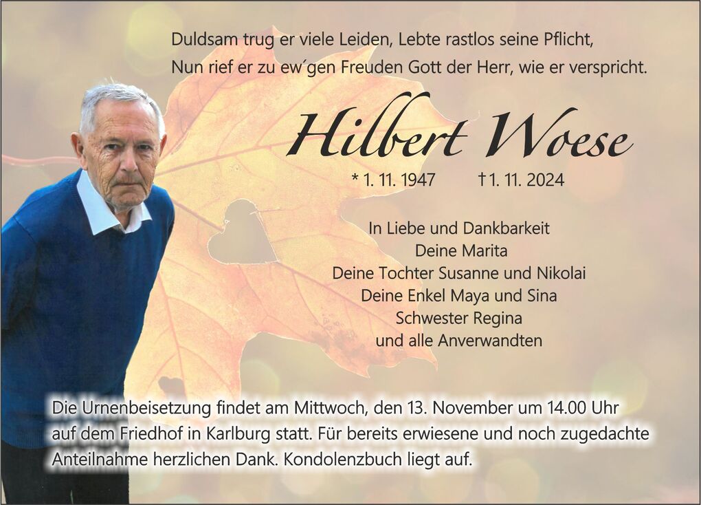 Traueranzeige mit Bild eines &auml;lteren Mannes, umgeben von sanften Herbstfarben, Informationen zur Urnenbeisetzung.