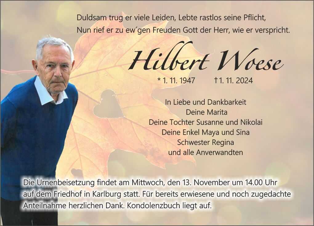 Traueranzeige mit Bild eines &auml;lteren Mannes, umgeben von sanften Herbstfarben, Informationen zur Urnenbeisetzung.