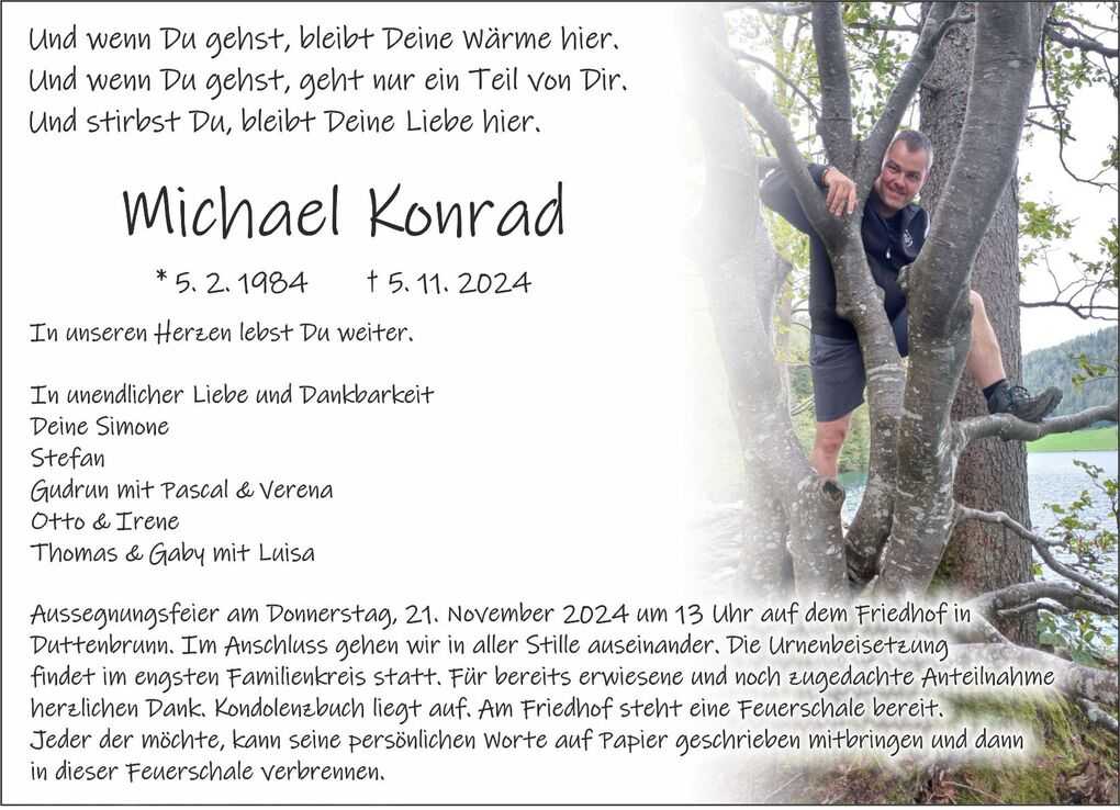 Trauerkarte f&uuml;r Michael Konrad mit Bildaufnahme einer Person im Baum und Text zur Erinnerung und Abschiednahme.