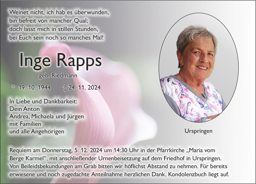 Traueranzeige f&uuml;r Inge Rapps mit Geburts- und Sterbedatum sowie Informationen zur Trauerfeier in Urspringen.