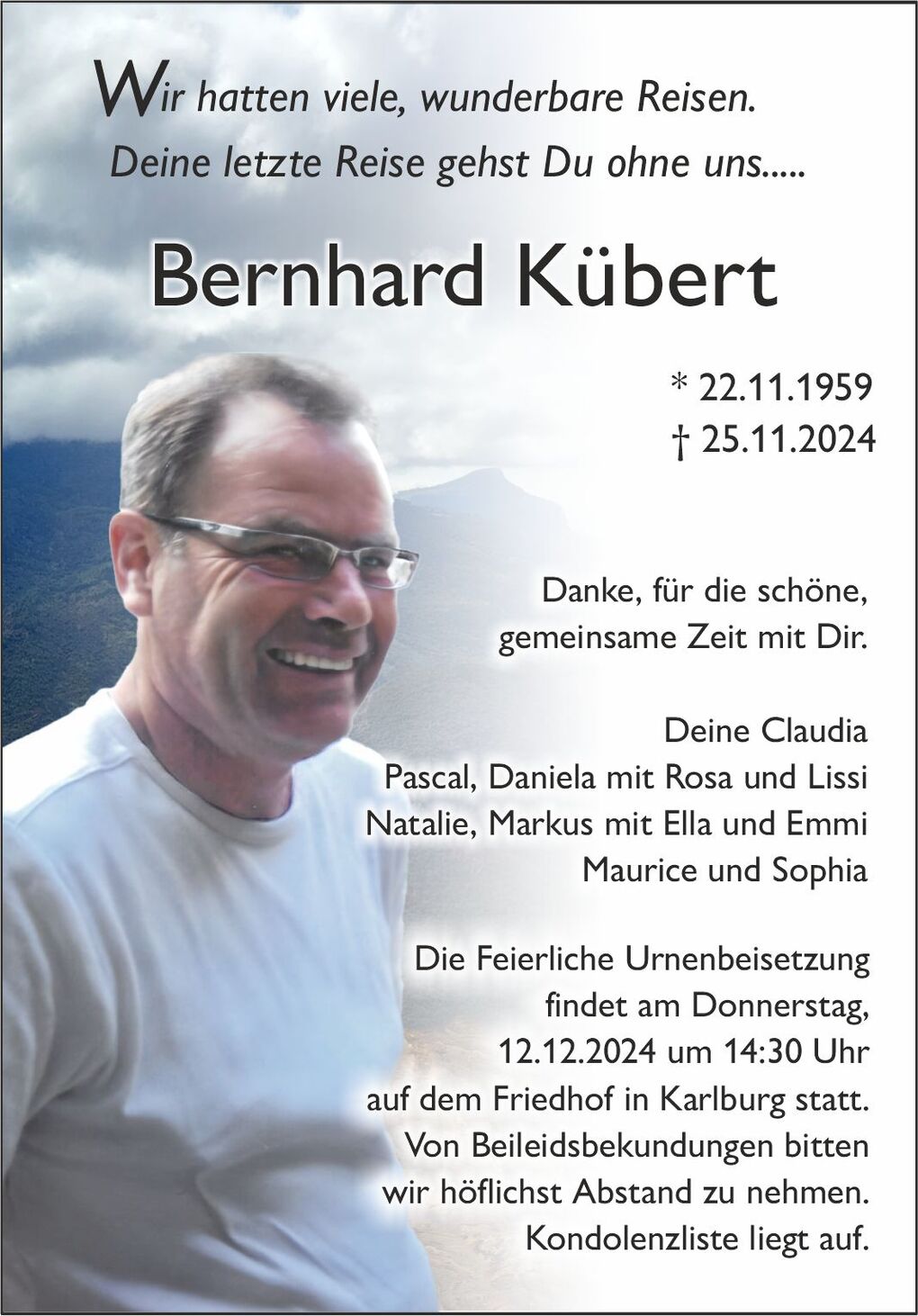 Traueranzeige f&uuml;r Bernhard K&uuml;bert mit Lebensdaten und Beileidsbekundungen der Familie, Hintergrund mit Berglandschaft.