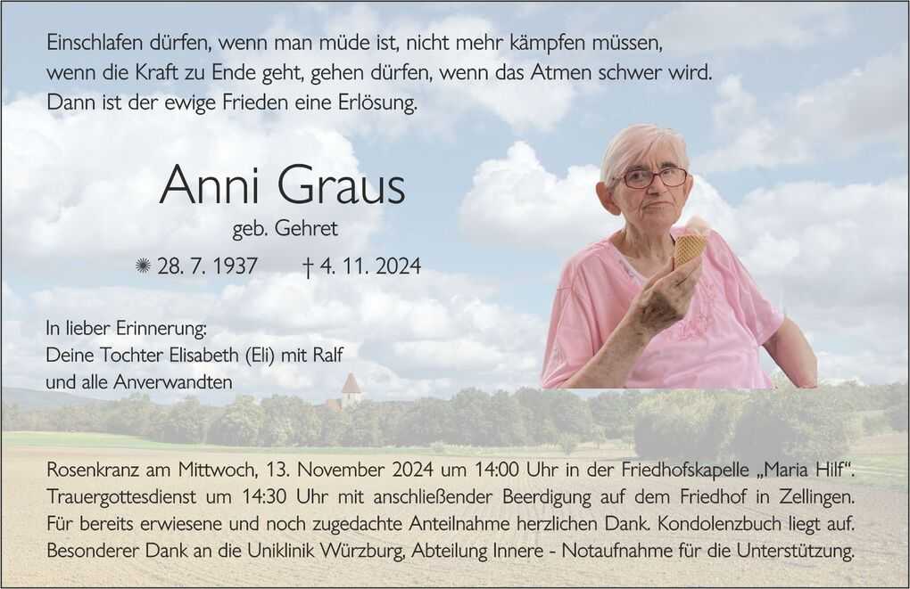 Erinnerungsanzeige f&uuml;r Anni Graus mit Bild einer &auml;lteren Frau, die ein Eis h&auml;lt, vor einem wolkigen Himmel.