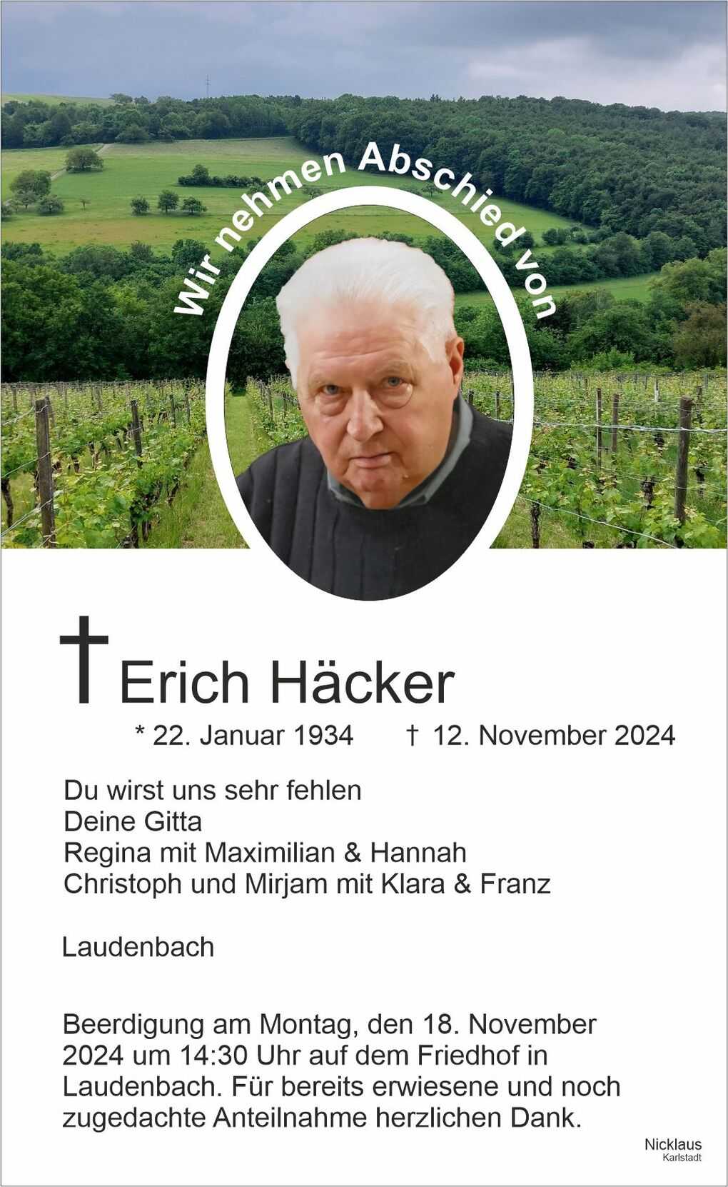 Traueranzeige f&uuml;r Erich H&auml;cker mit Foto, umgeben von Weinbergen und Informationen zur Beerdigung in Laudenbach.