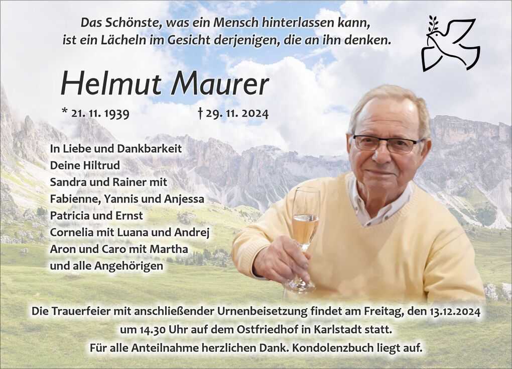 Traueranzeige f&uuml;r Helmut Maurer mit liebevollen Erinnerungen und einem Bild von ihm mit Sektglas vor Berglandschaft.