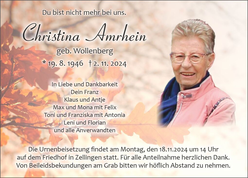 Traueranzeige f&uuml;r Christina Amrhein, geboren Wollenberg, mit pers&ouml;nlichen Inschriften und Urnenbeisetzungshinweisen.