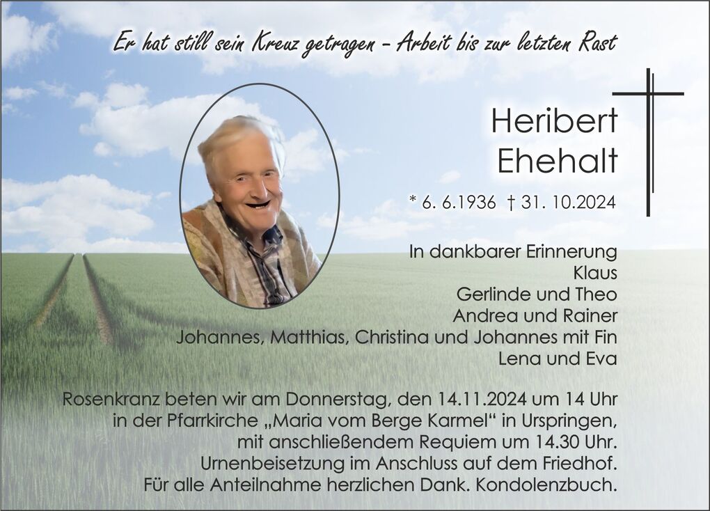 Trauerkarte mit Foto von Heribert Ehehalt, Geburts- und Sterbedaten sowie Informationen zur Beerdigung.