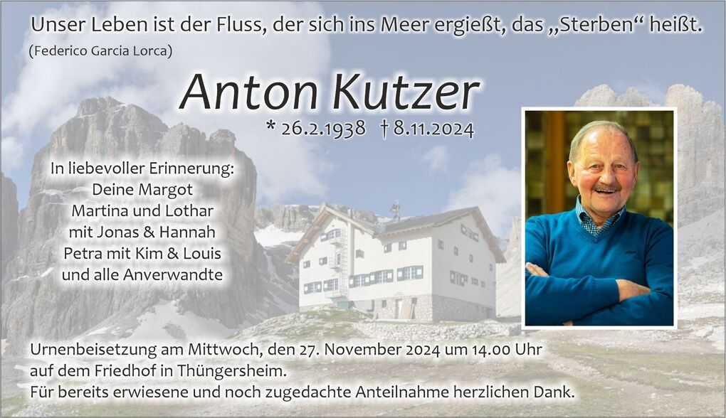 Traueranzeige f&uuml;r Anton Kutzer mit pers&ouml;nlicher Widmung und Bild im Hintergrund einer Berglandschaft.