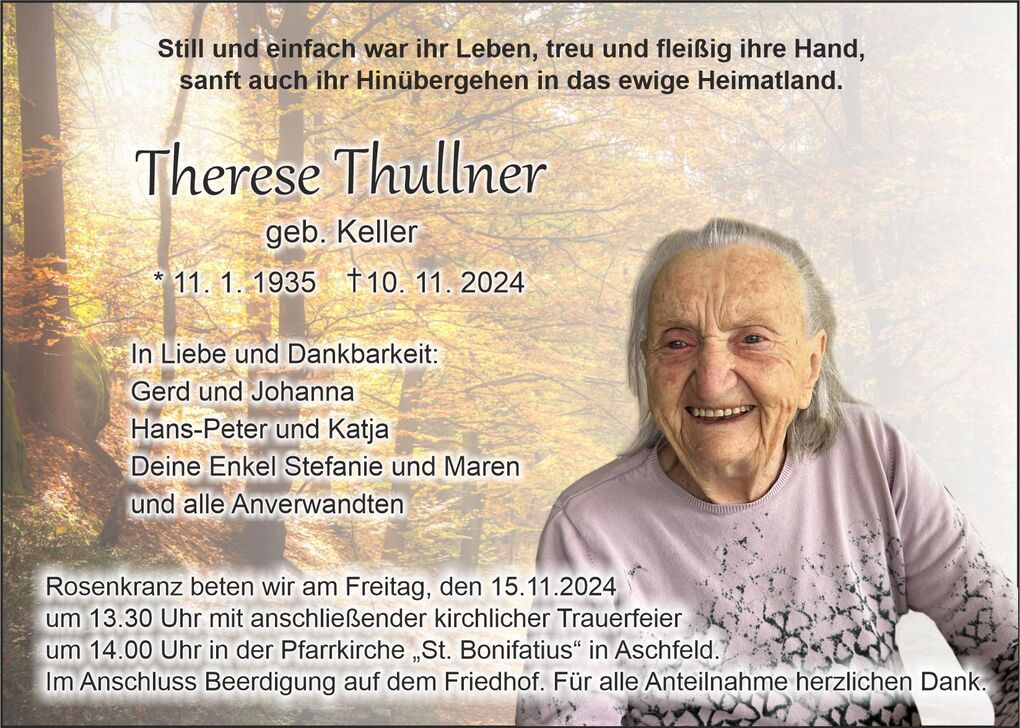 Traueranzeige f&uuml;r Therese Thullner mit Lebensdaten und Dankesworten, umgeben von einem herbstlichen Hintergrund.
