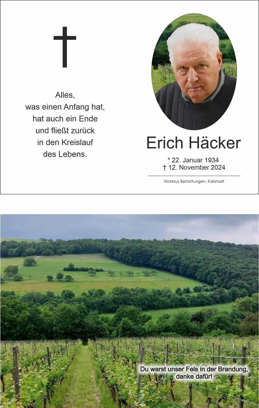 Bild mit Weinbergen, Kopfsteinpflasterweg und einer Widmung f&uuml;r Erich H&auml;cker. Im Hintergrund B&auml;ume und H&uuml;gellandschaft.