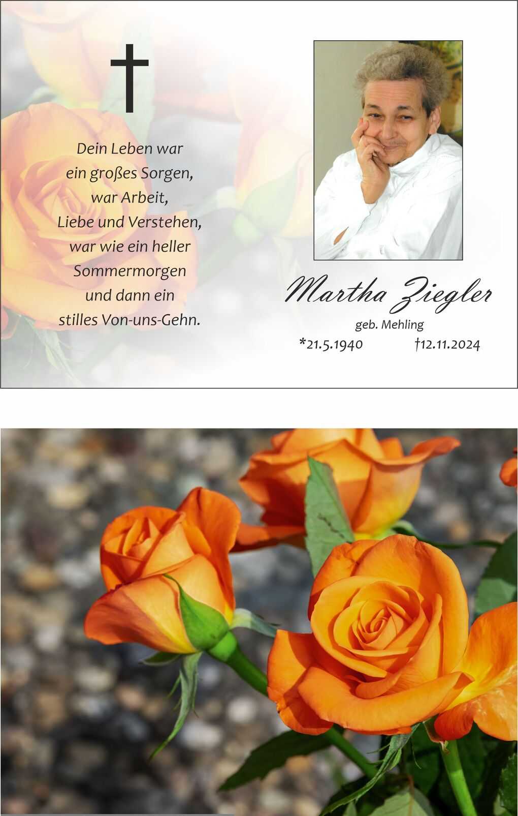 Trauermotiv mit einem Kreuz, einem Portr&auml;t von Martha Ziegler und leuchtenden orangefarbenen Rosen im Vordergrund.