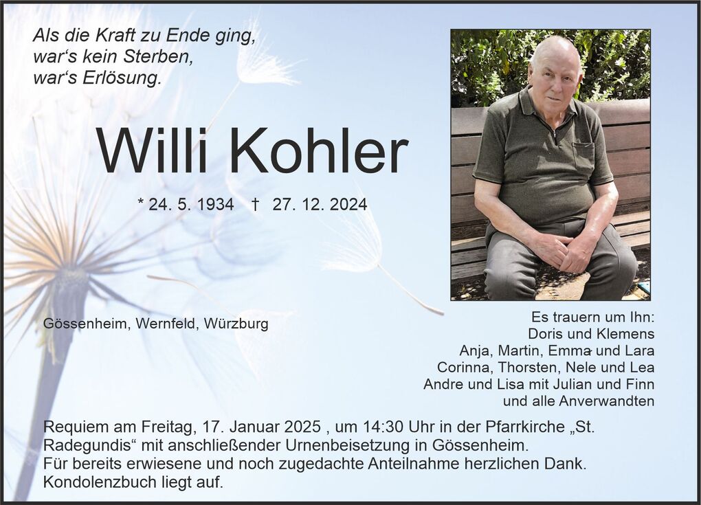 Traueranzeige f&uuml;r Willi Kohler mit Foto, Geburts- und Sterbedatum sowie Informationen zur Trauerfeier in W&uuml;rzburg.