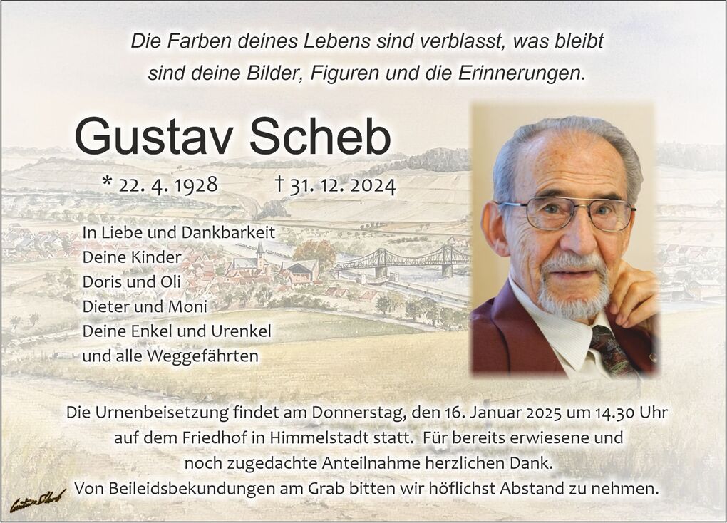 Traueranzeige f&uuml;r Gustav Scheb mit Geburts- und Todesdatum, einem Bild von ihm und einer Illustration der Landschaft im Hintergrund.