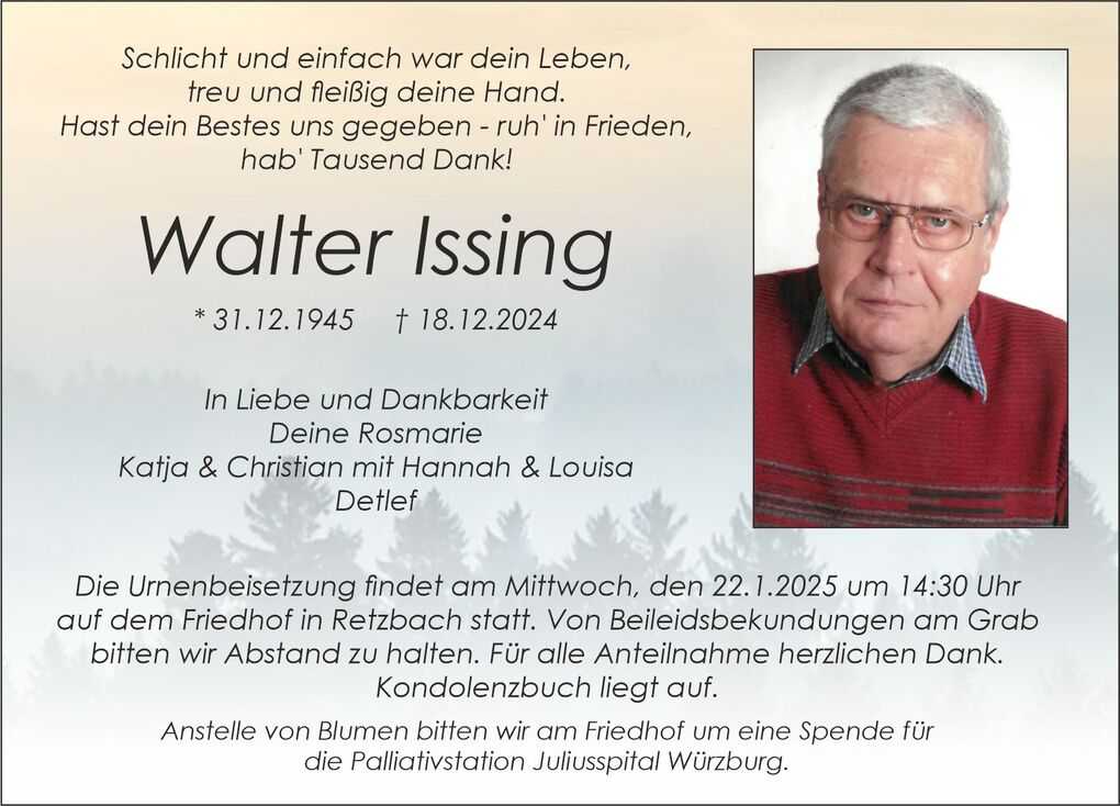 Traueranzeige f&uuml;r Walter Issing mit Geburts- und Sterbedatum sowie Dankesworten von Angeh&ouml;rigen und Urnenbeisetzungshinweisen.