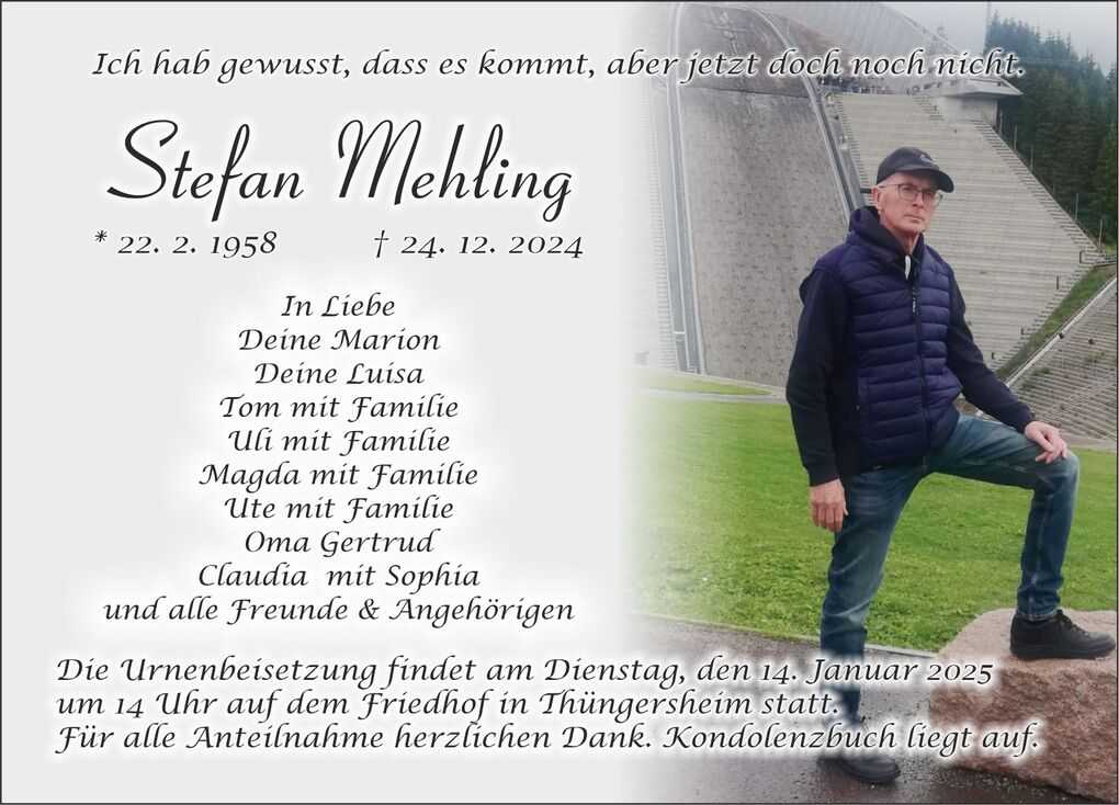 Sterbebild von Stefan Mehling mit Geburts- und Sterbedatum, umgeben von Trauerbekundungen und Details zur Urnenbeisetzung.