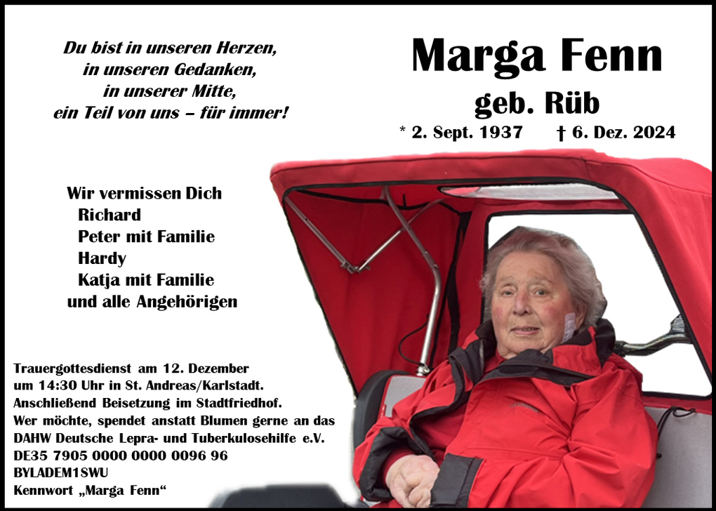 Traueranzeige f&uuml;r Marga Fenn mit Geburts- und Todestag, umgeben von pers&ouml;nlichen Botschaften und Trauerdetails.
