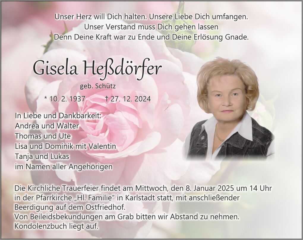 Trauerkarte f&uuml;r Gisela He&szlig;d&ouml;rfer mit Foto, Todesdaten und Beileidsbekundungen auf bl&uuml;ten&auml;hnlichem Hintergrund.