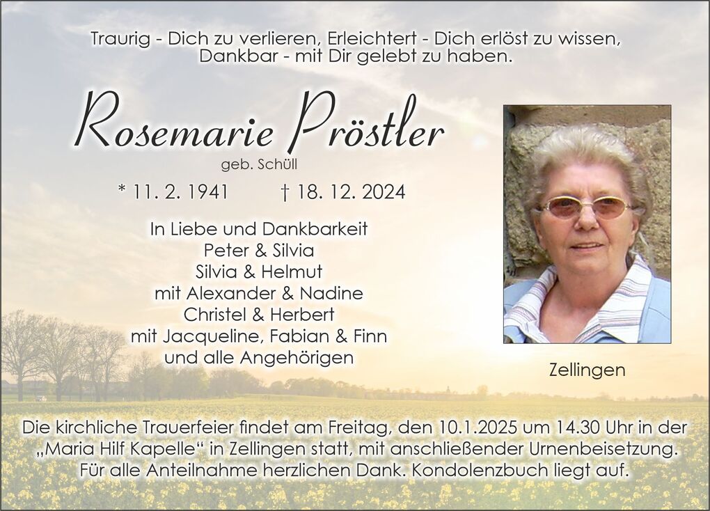Eine Traueranzeige f&uuml;r Rosemarie Pr&ouml;stler mit Foto, pers&ouml;nlichen Angaben und Termininformationen f&uuml;r die Trauerfeier.