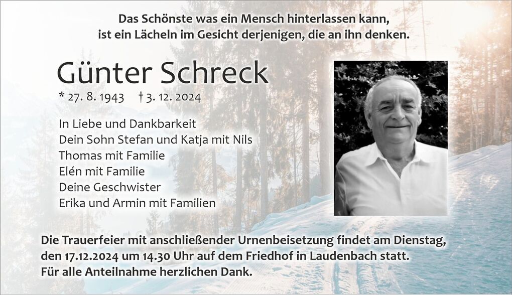 Traueranzeige f&uuml;r G&uuml;nter Schreck, umgeben von winterlicher Landschaft mit Bild und Trauerrtext.