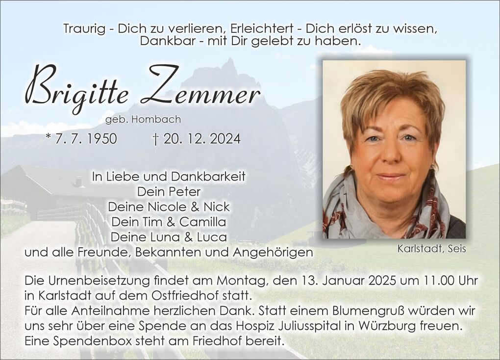 Traueranzeige f&uuml;r Brigitte Zemmer mit pers&ouml;nlichen Erinnerungen und Details zur Urnenbeisetzung.