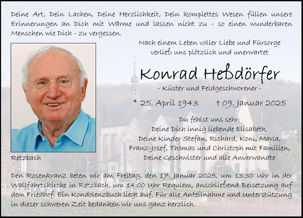 Sterbebild mit Foto eines l&auml;chelnden Mannes, umgeben von Text &uuml;ber sein Leben und die Trauerfeier in Retzbach.