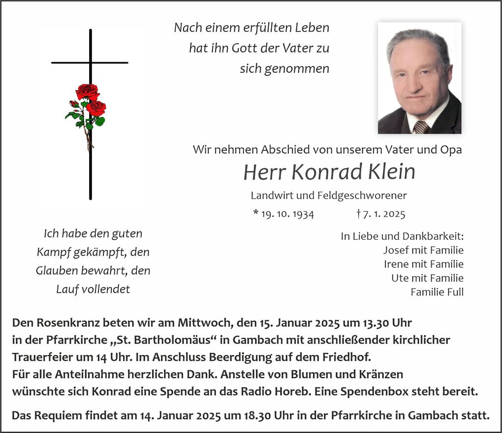 Traueranzeige f&uuml;r Konrad Klein mit Kreuz und Rosen, Details zu Abschieds- und Requiemterminen.