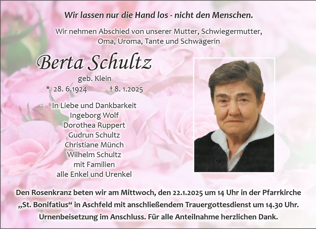 Sterbebild von Berta Schultz, umrahmt von rosa Rosen, mit Geburts- und Sterbedatum sowie Traueranzeige.