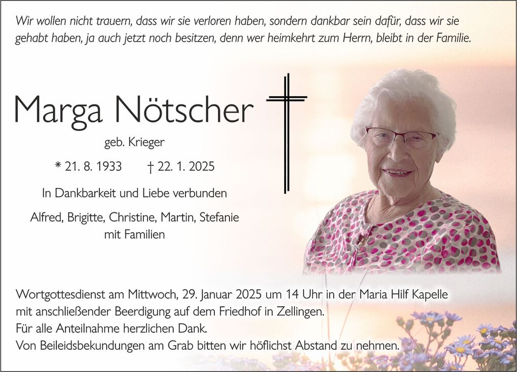 Traueranzeige f&uuml;r Marga N&ouml;tscher mit ihrem Foto, Daten und Informationen zur Beerdigung in Zellingen.