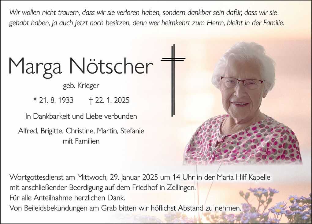 Traueranzeige f&uuml;r Marga N&ouml;tscher mit ihrem Foto, Daten und Informationen zur Beerdigung in Zellingen.