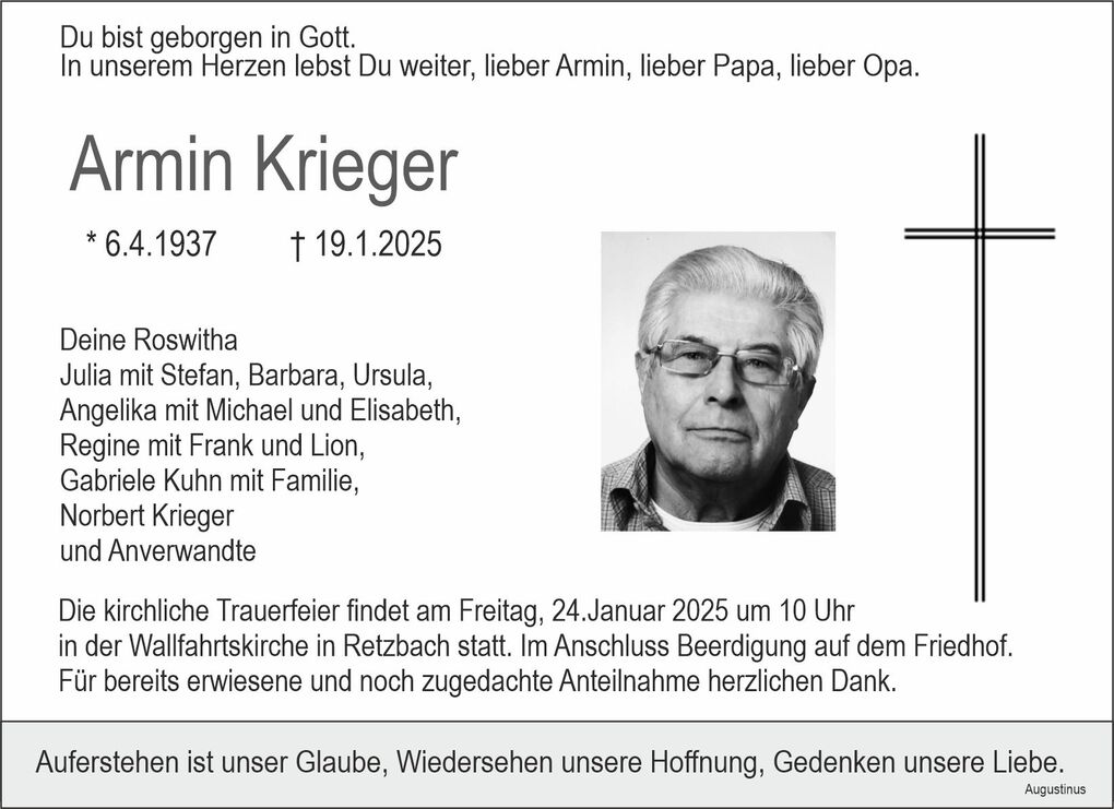 Traueranzeige f&uuml;r Armin Krieger mit Foto, Geburts- und Sterbedatum, sowie Informationen zur Trauerfeier und Danksagung.