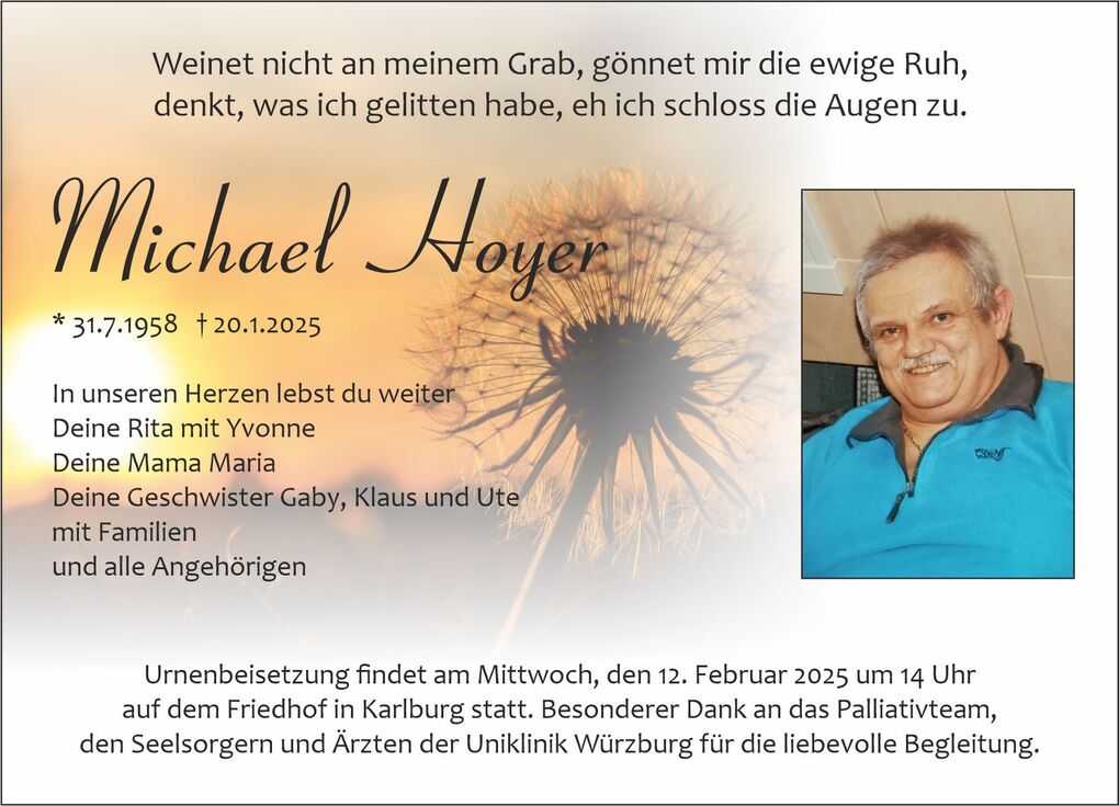 Sterbebild f&uuml;r Michael Hoyer mit Daten, Trauerspruch und individueller Botschaft im Hintergrund einer Pusteblume.