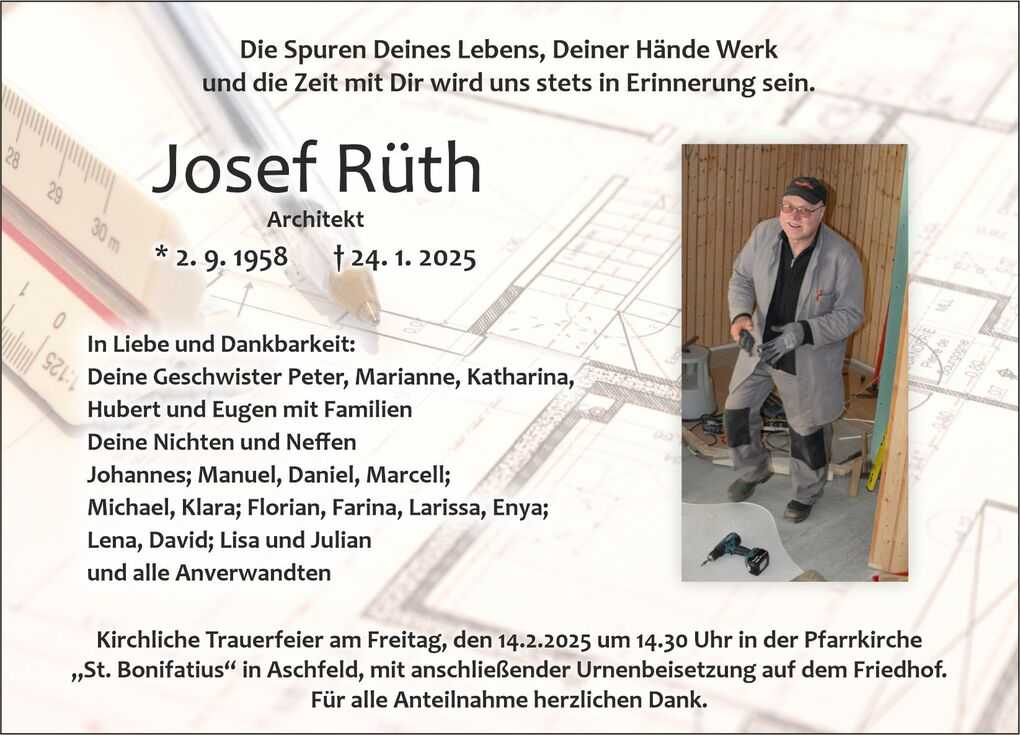 Gedenkartikel f&uuml;r Josef R&uuml;th, Architekt, mit pers&ouml;nlichen Daten und Traueranzeige. Bild eines l&auml;chelnden Mannes in Arbeitskleidung.