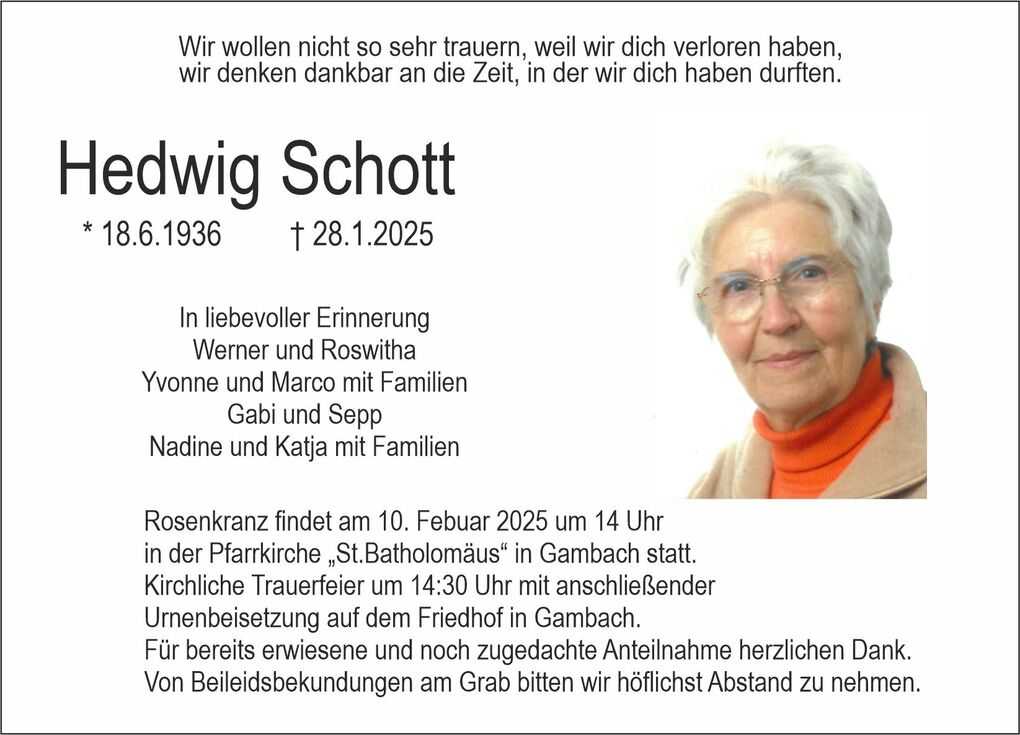 Traueranzeige f&uuml;r Hedwig Schott mit Datum, pers&ouml;nlichen Erinnerungen und Informationen zur Trauerfeier.