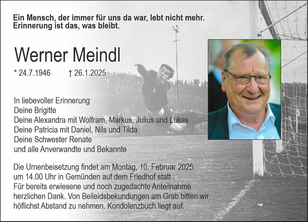 Erinnerungsanzeige f&uuml;r Werner Meindl mit Bild und Details zur Urnenbeisetzung am 10. Februar 2025.