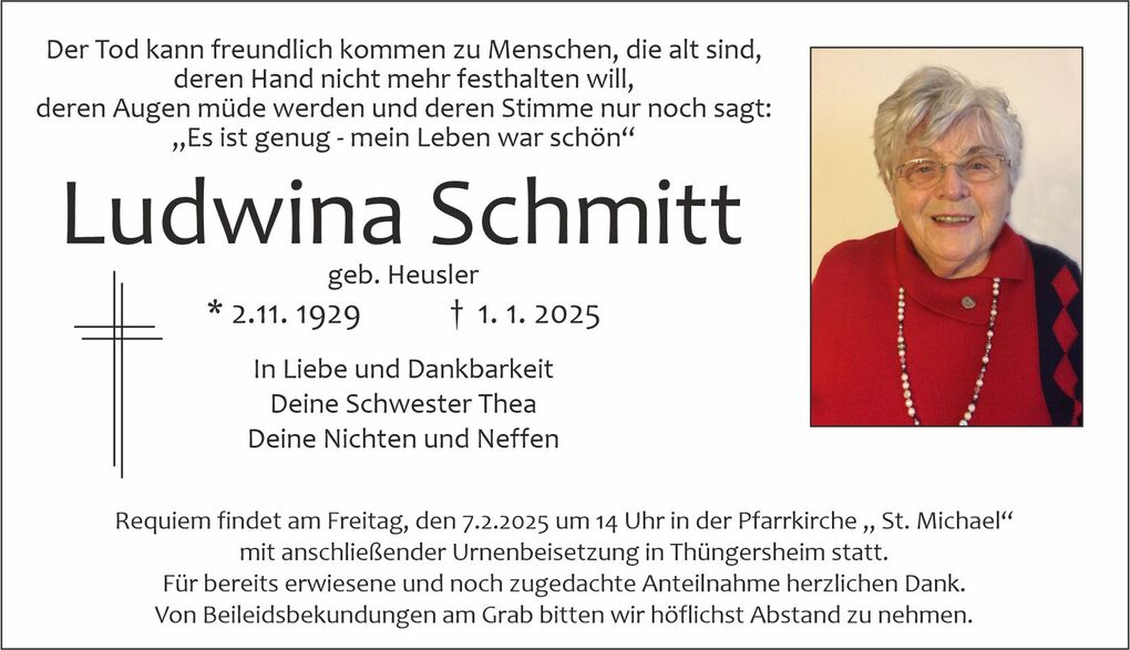 Traueranzeige f&uuml;r Ludwina Schmitt mit Foto und Details zu Geburtsdatum, Tod und Requiem.