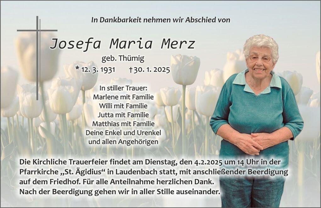 Traueranzeige f&uuml;r Josefa Maria Merz mit Tulpen im Hintergrund und den Details zur Trauerfeier.