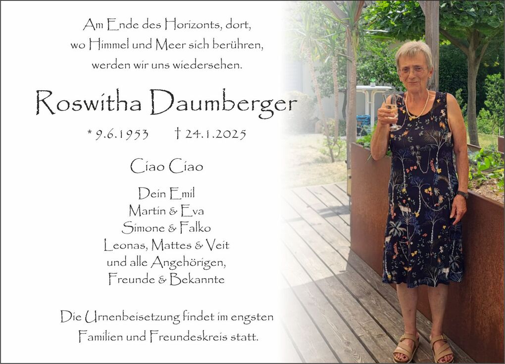 Karte zur Trauerfeier mit dem Namen Roswitha Daumberger, umgeben von einem Garten und Pflanzen.