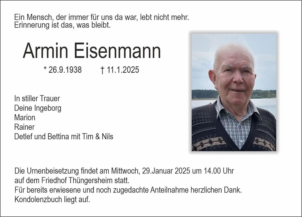 Traueranzeige f&uuml;r Armin Eisenmann mit Foto und Trauerspruch, Datum und Informationen zur Urnenbeisetzung.