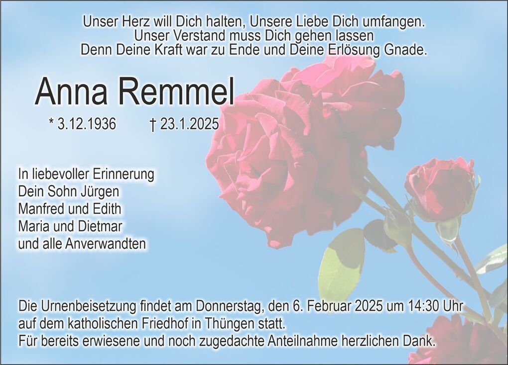 Grabank&uuml;ndigung f&uuml;r Anna Remmel mit rosa Rosen und Text auf blassem Hintergrund; enth&auml;lt Erinnerungsbotschaften und Details zur Beisetzung.