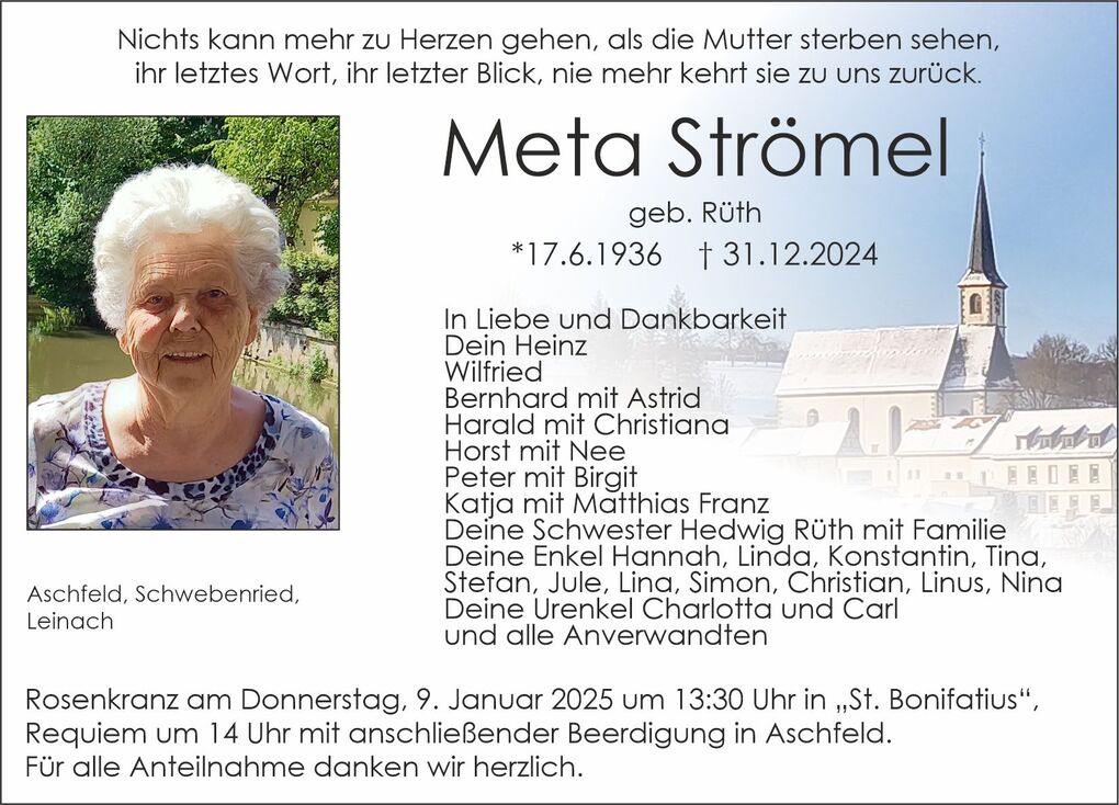 Trauerkarte f&uuml;r Meta Str&ouml;mel mit ihrem Portrait und Informationen zu Trauerfeier und Angeh&ouml;rigen.
