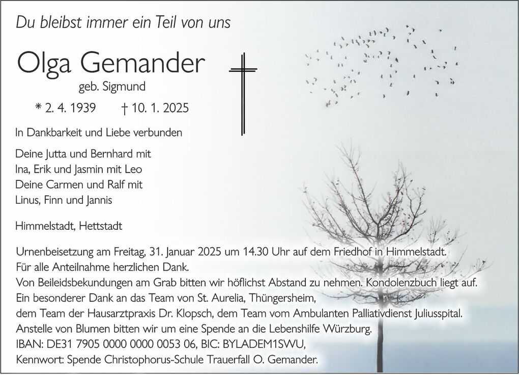 Sterbeanzeige f&uuml;r Olga Gemander mit Angaben zu Geburts- und Sterbedatum sowie Trauerbekundungen und Urnenbeisetzung.