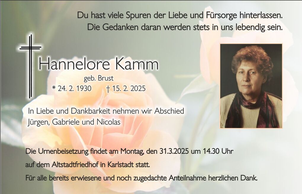 Sterbeanzeige f&uuml;r Hannelore Kamm mit Foto und textlichen Informationen zu Geburt, Tod und Urnenbeisetzung.