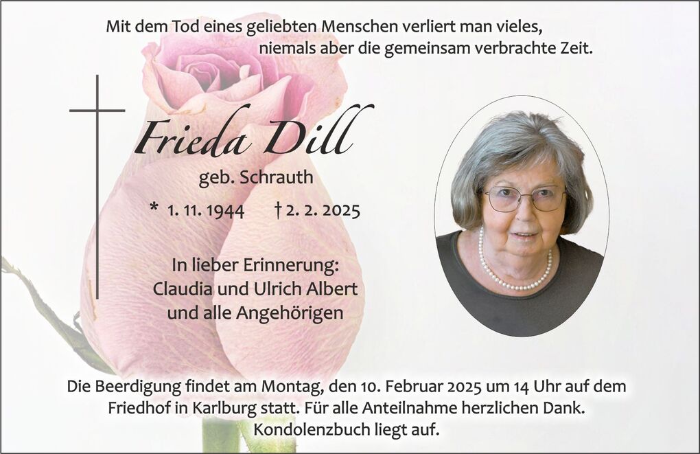 Sterbebild mit farbiger Rose, Name, Geburts- und Sterbedatum sowie Hinweis auf die Beerdigung von Frieda Dill.