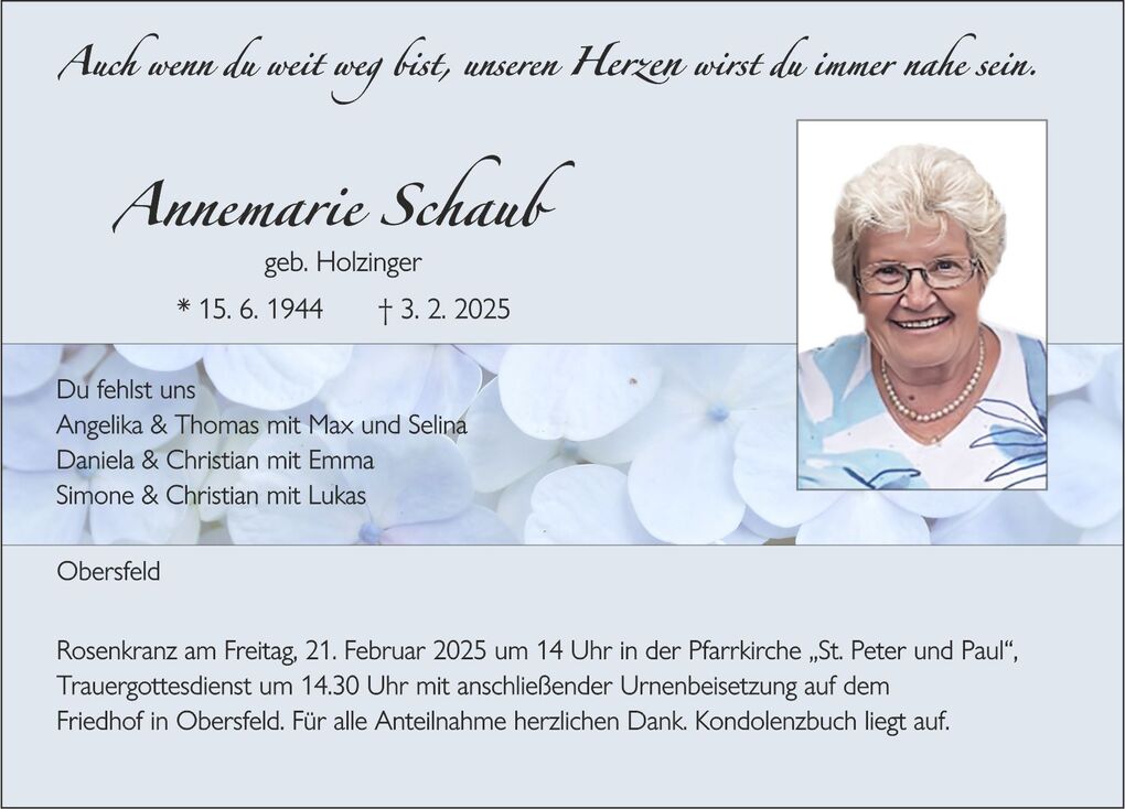 Traueranzeige f&uuml;r Annemarie Schaub mit Geburts- und Sterbedaten sowie Informationen zur Trauerfeier.