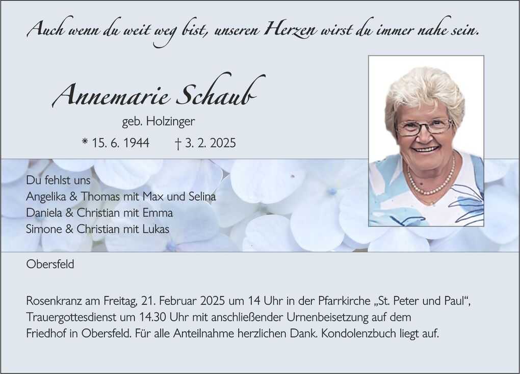 Traueranzeige f&uuml;r Annemarie Schaub mit Geburts- und Sterbedaten sowie Informationen zur Trauerfeier.
