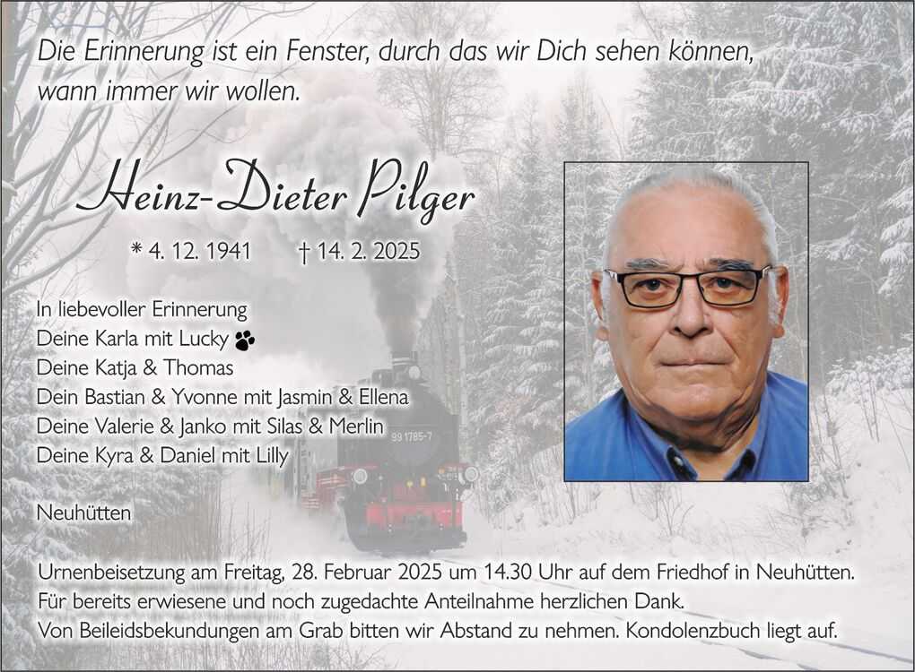 Trauerkarte mit Foto von Heinz-Dieter Pilger, Geburts- und Sterbedaten, sowie Erinnerungen von Angeh&ouml;rigen.
