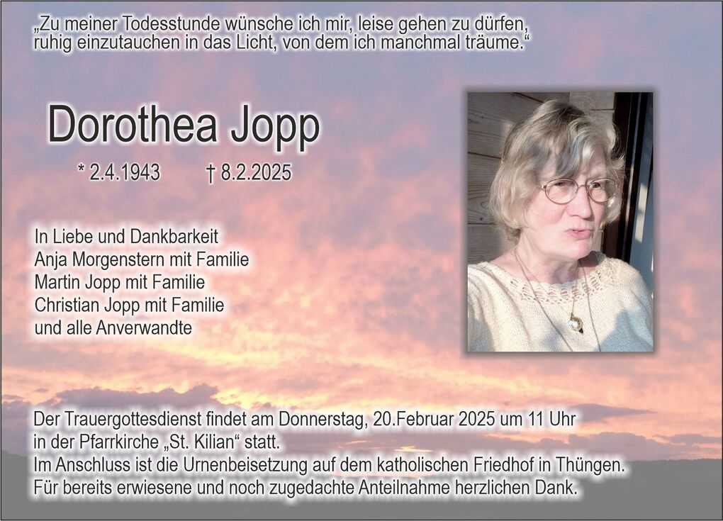 Traueranzeige f&uuml;r Dorothea Jopp mit Foto und Angaben zum Todestag und Trauergottesdienst.